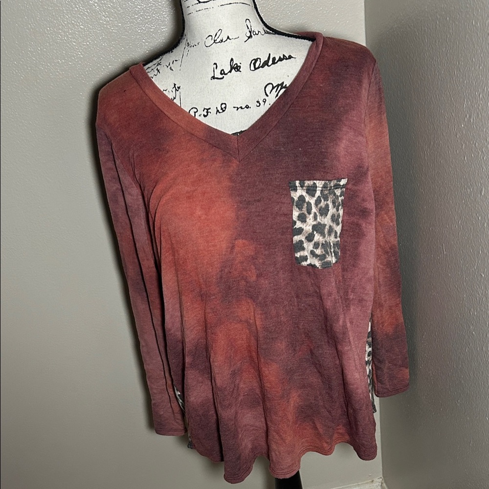 HEIMISH USA V-Neck Top with Leopard Pocket - Red and Black